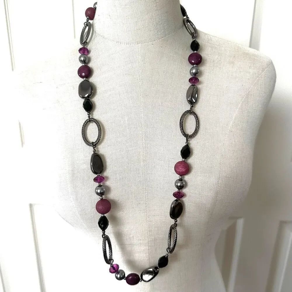 Premier designs hematite and pink long beaded necklace